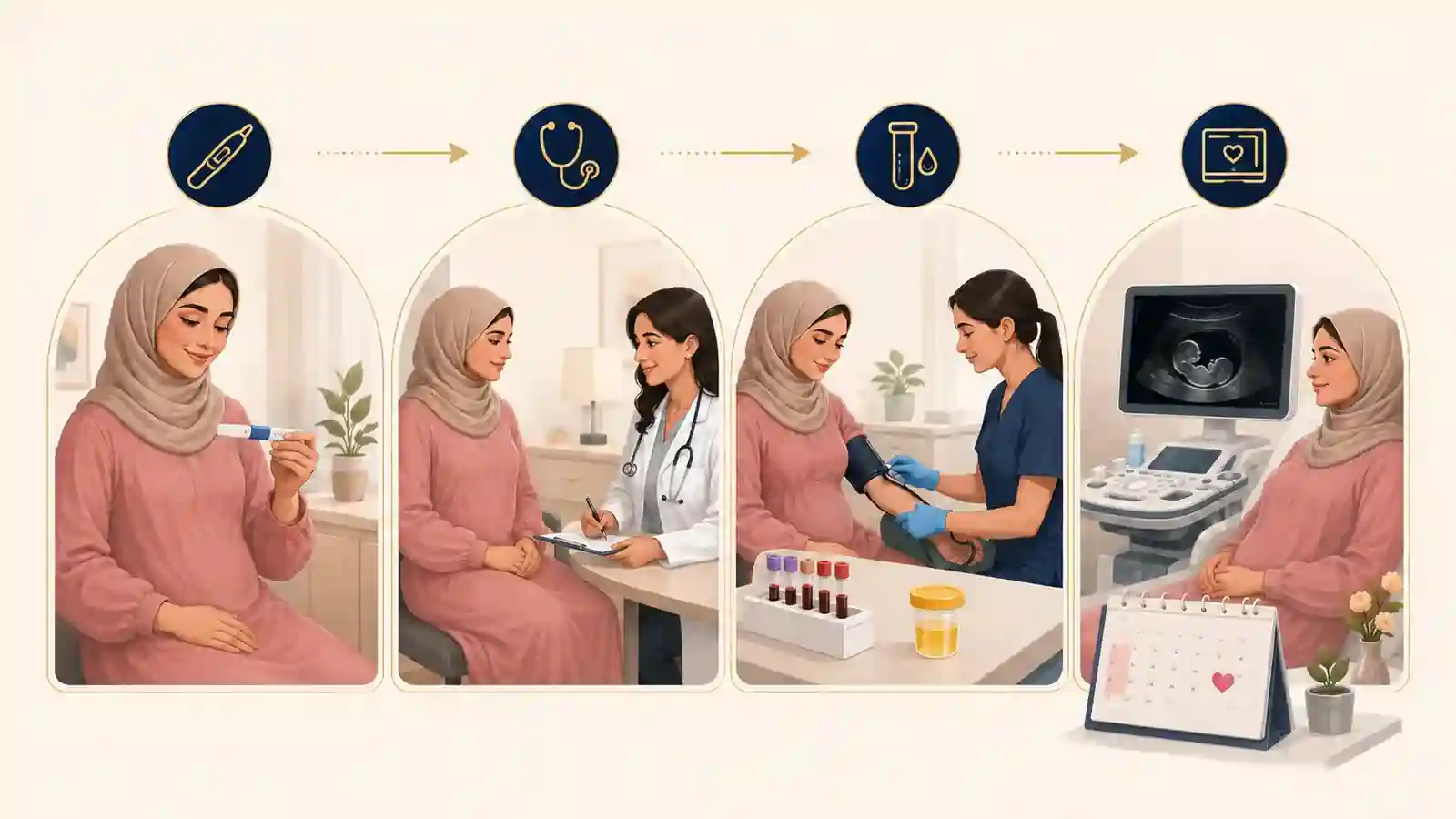 Obstetrician reviewing an early-pregnancy timeline and expected checks with a pregnant woman at her first antenatal visit